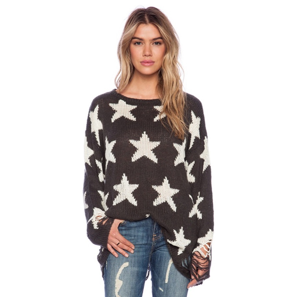 WILDFOX seeing stars green distressed knit sweater wool blend